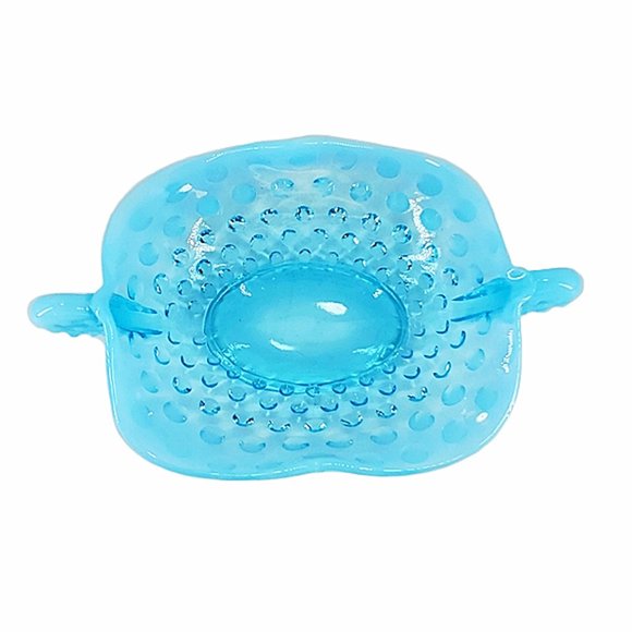 Fenton Blue Opalescent Hobnail Handled Bon Bon Dish Bowl #389 Ruffled Vintage - Picture 4 of 7